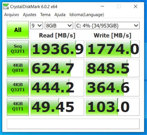Teste de desempenho do Intel SSD 660p no Crystal Disk Mark