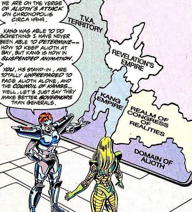 As HQs têm até um mapa para explicar a divisão dos impérios temporais de kang, Alioth e até da TVA (Imagem: Reprodução/Marvel Comics)