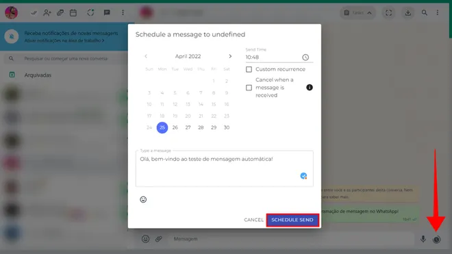 É possível programar mensagens no WhatsApp (Captura de tela: Canaltech/Felipe Freitas)