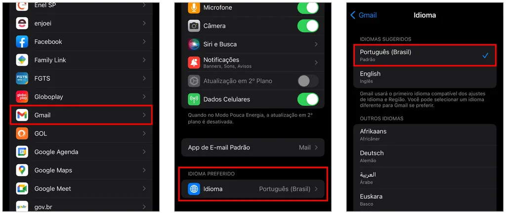 Abra os ajustes do iPhone para colocar o Gmail em português (Captura de tela: Caio Carvalho)
