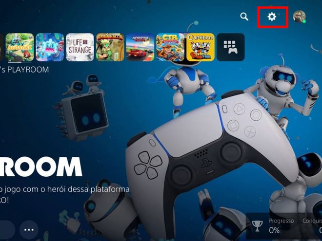 Na tela inicial do PS5, clique no ícone de "Engrenagem" para acessar as "Configurações" (Captura de tela: Matheus Bigogno)