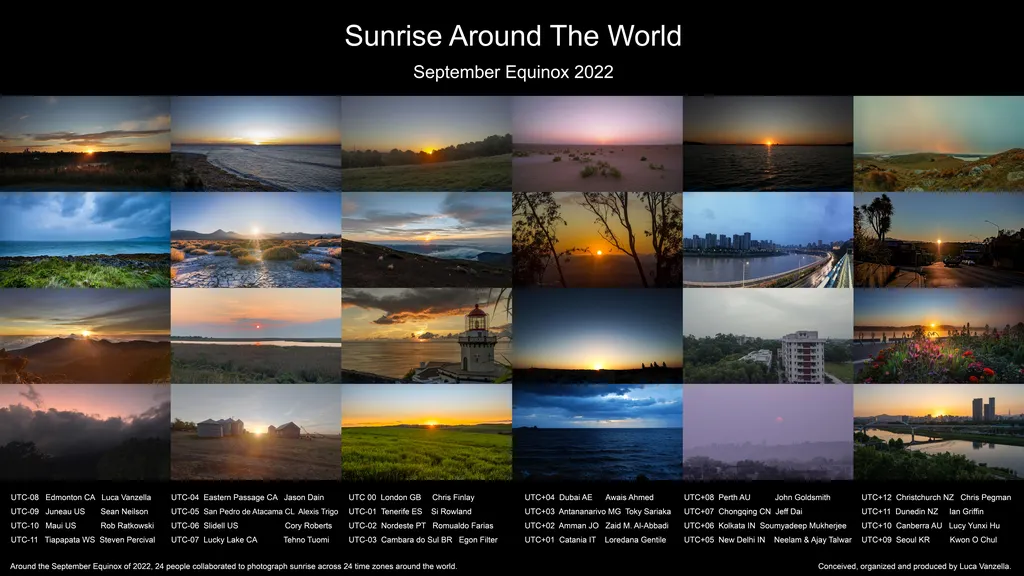 Sol nascendo em todo o mundo, fotografado na véspera do equinócio de setembro (Imagem: Reprodução/Luca Vanzella)