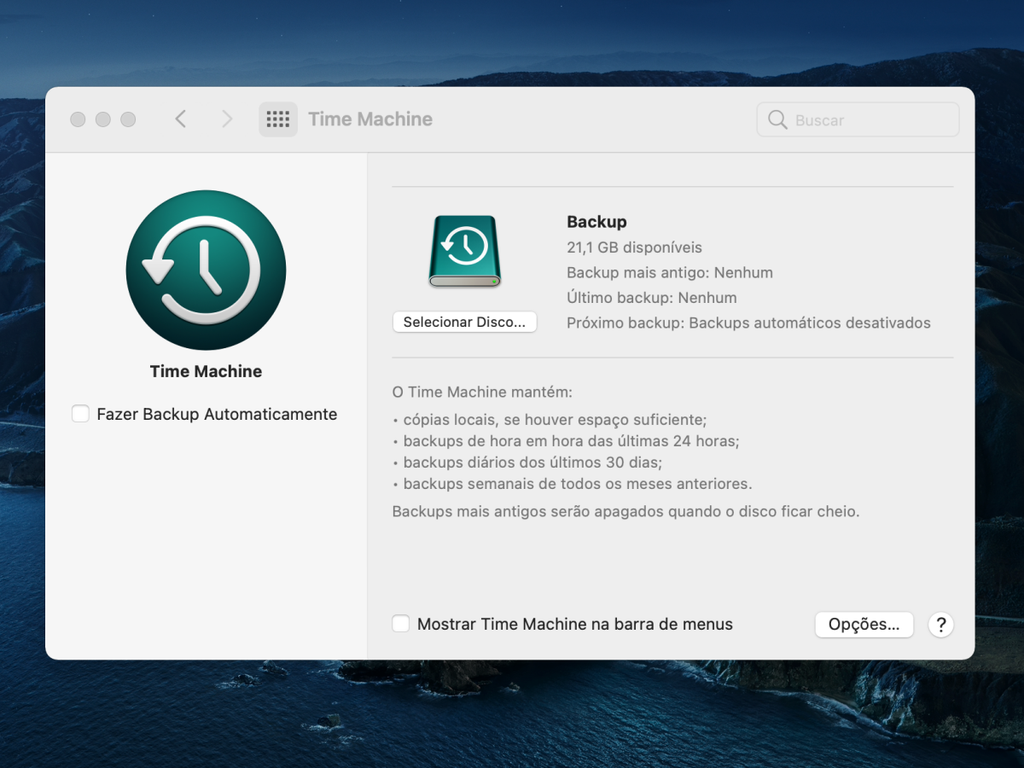 Ao abrir o recurso, conheça as ferramentas para começar a fazer o backup do Mac - Captura de tela: Thiiago Furquim (Canaltech)