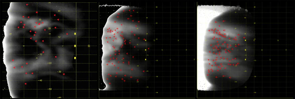 Lado noturno de Vênus observado na luz infravermelha, com marcações que indicam formações específicas das nuvens; o rastreamento delas permite que os pesquisadores descubram a velocidade do vento que empurra as nuvens (Imagem: Reprodução/Pedro Machado, et al. 2022)
