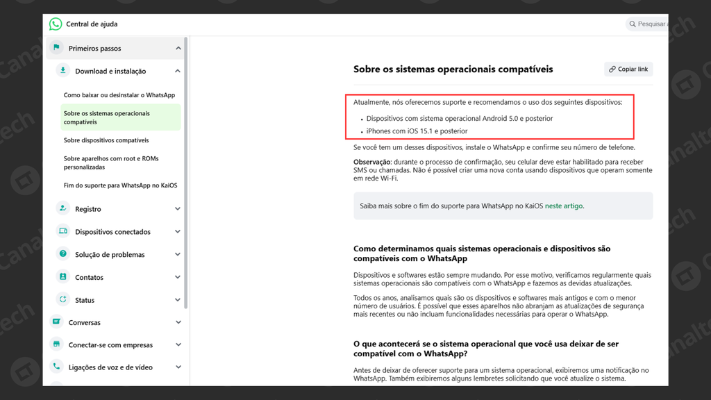 WhatsApp exige Android 5.0 e iOS 15.1, além de versões mais recentes, para funcionar (Imagem: Captura de tela/Bruno De Blasi/Canaltech)