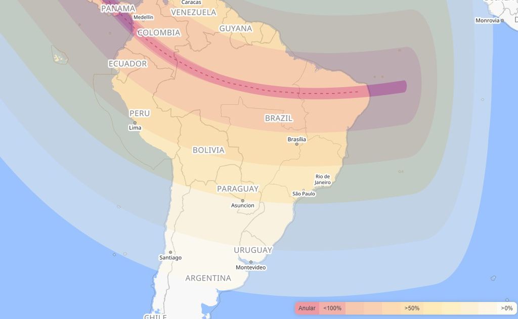A faixa vermelha representa as regiões onde o "anel de fogo" será observável (Imagem: Reprodução/timeanddate)