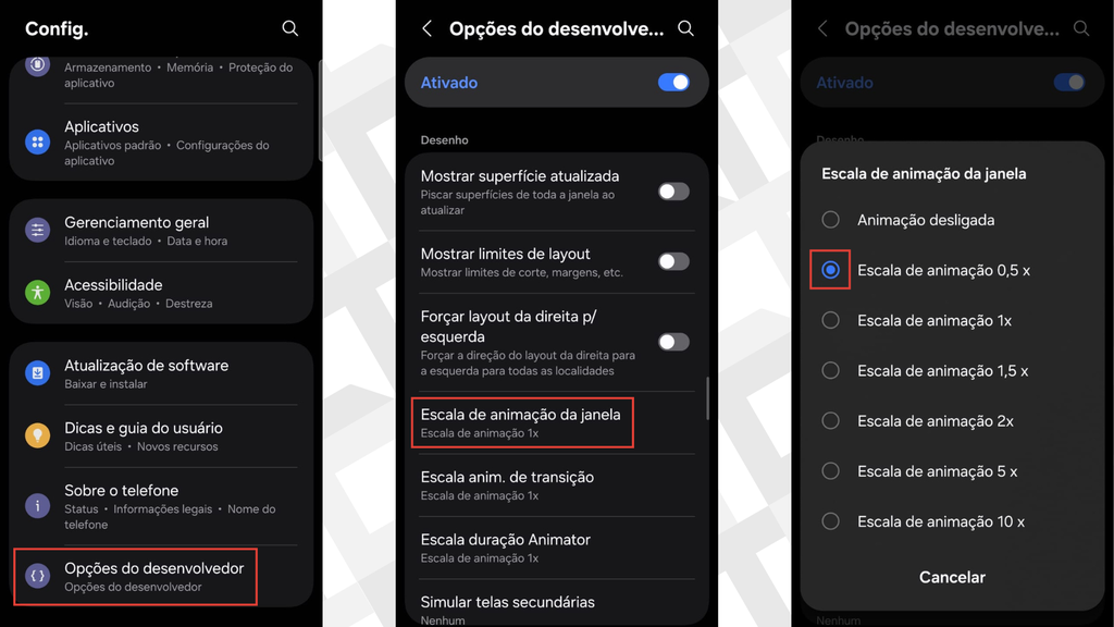 Passos para ajustar as animações no modo desenvolvedor