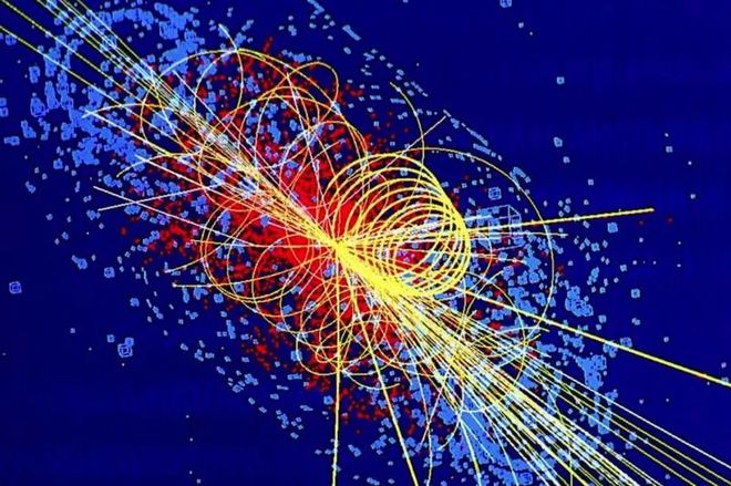 Ilustração do Bóson de Higgs decaindo no Grande Colisor de Hádrons (Imagem: Reprodução/Lucas Taylor/CMS)