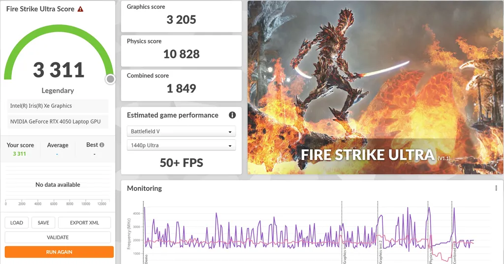 Desempenho do Galaxy Book3 Ultra no Fire Strike Ultra. (Imagem: Captura de tela/Maldditu Xavier/Canaltech)