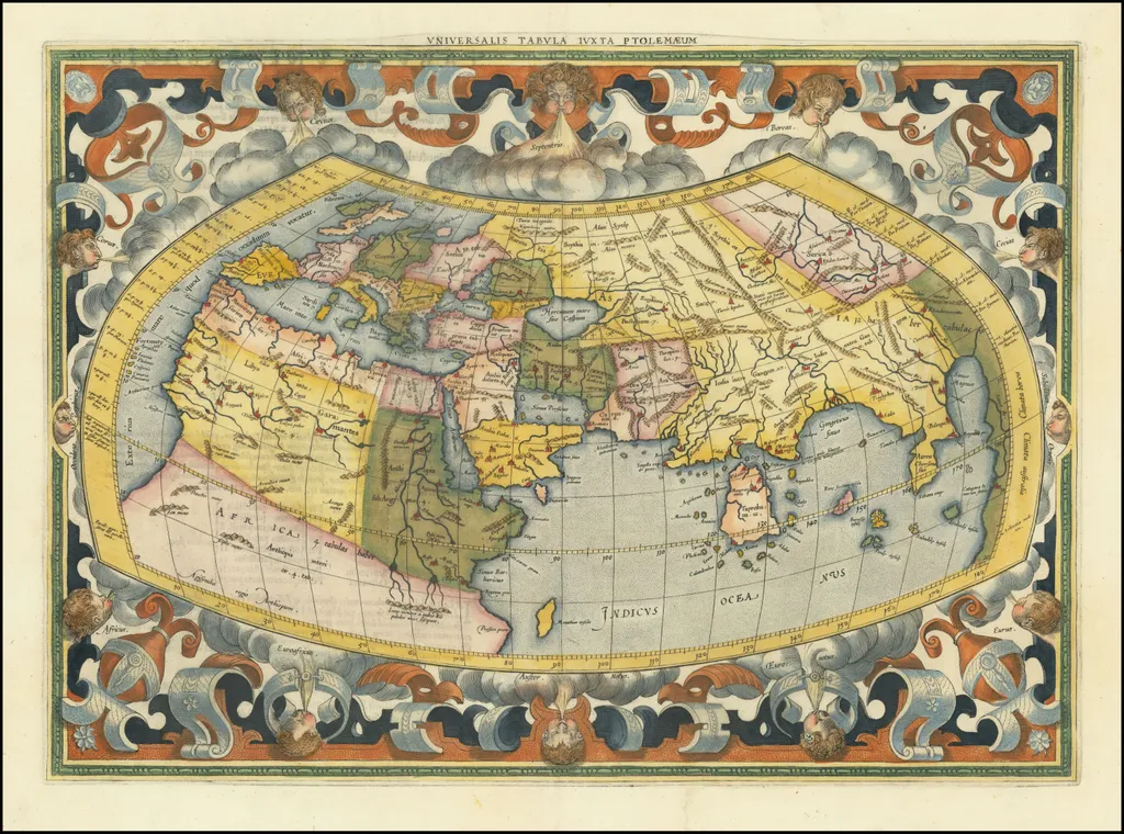 Mapa feito por Mercator em 1578, com base na projeção de Ptolomeu — suas informações e a latitude e longitude, que já podem ser vistas na obra, são contribuição importantíssima à cartografia (Imagem: Ptolomeu, Gerardus Mercator/Domínio Público)