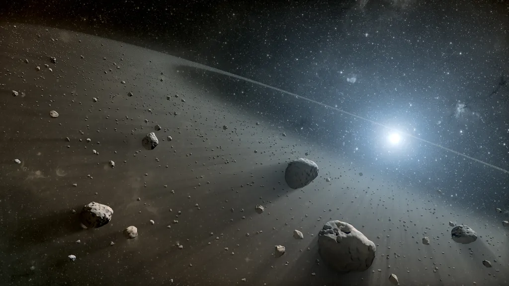 O asteroide que matou os dinossauros provavelmente veio do cinturão de asteroides do sistema solar, carregando irídio em abundância nos seus 10 km de diâmetro (Imagem: NASA/JPL-Caltech)