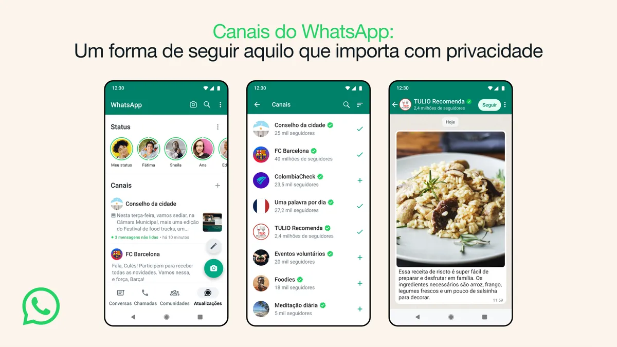O WhatsApp apresentou os Canais, chats públicos para conferir assuntos específicos (Imagem: Divulgação/WhatsApp)