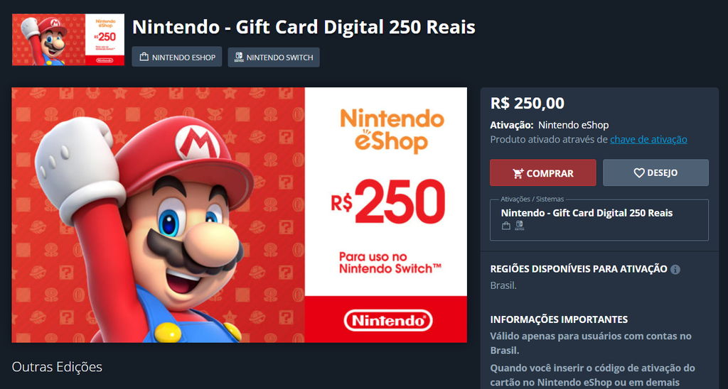 Gift Card Nintendo Eshop Brasil 250 Reais - Código Digital