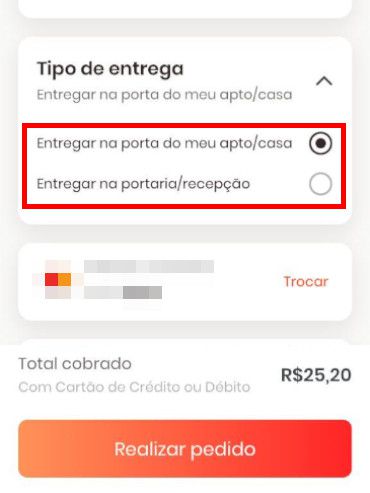 Selecione a opção “Entregar na porta do meu apto/casa” ou “Entregar na portaria/recepção” (Captura de tela: Matheus Bigogno)