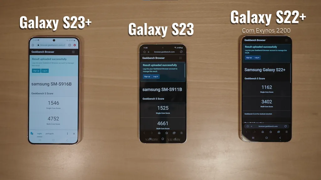Os primeiros testes do Galaxy S23 no Geekbench 5 mostram melhoras de até 40% em CPU frente ao Exynos 2200 do Galaxy S22 (Imagem: Coisa de Nerd/YouTube)