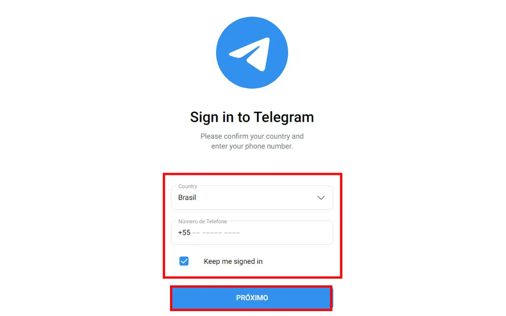 Veja como entrar no Telegram Web sem baixar nada; digite o seu número de telefone, clique em "Próximo" e insira o código recebido via SMS  (Captura de tela: Matheus Bigogno)