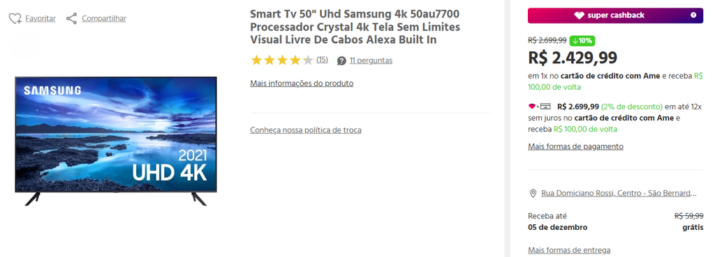 Smart Tv 50" Uhd Samsung 4k 50au7700 Processador Crystal 4k Tela Sem ...