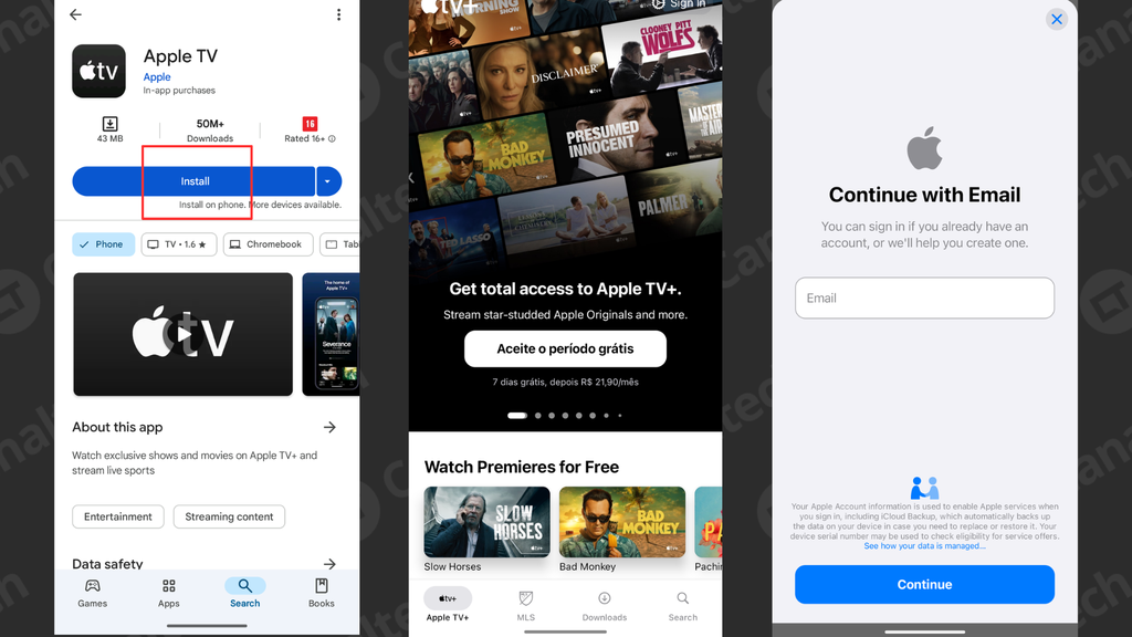 Captura de tela do Google Play aberto com a Apple TV disponibilizada