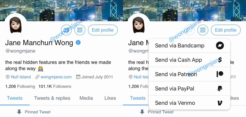 As gorjetas poderão ser enviadas ao clicar no ícone próximo do nome do perfil (Imagem: Jane Manchun Wong/Twitter)