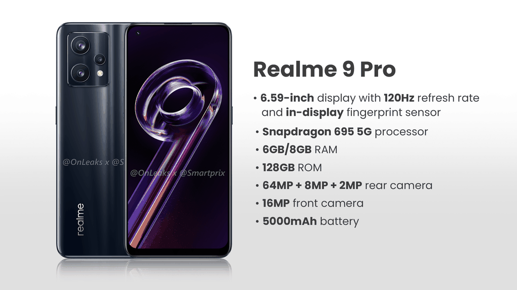 Lista de especificações do Realme 9 Pro ainda inclui bateria de 5.000 mAh (Imagem: Reprodução/Smartprix/OnLeaks)