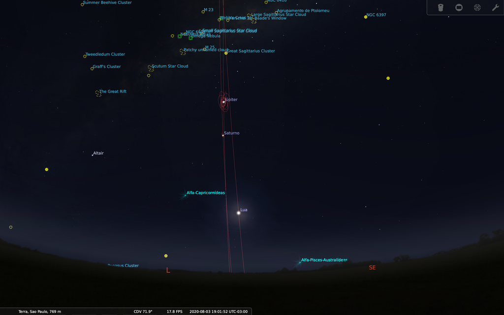 No início da noite, já podemos ver a conjunção da Lua com Saturno e Júpiter (Imagem: Patricia Gnipper/Canaltech)