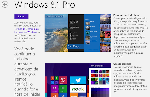 Clique em baixar para iniciar o download do Windows 8.1