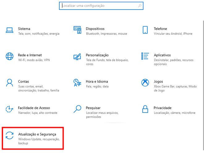 Na aba de "Configurações" do Windows 10, selecione "Atualização e Segurança" (Captura de tela: Matheus Bigogno)