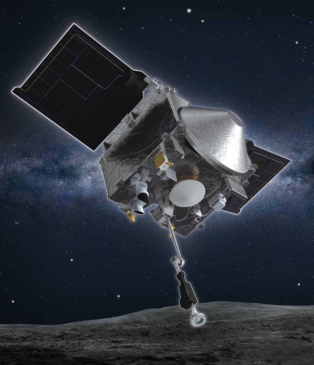 Concepção artística da sonda OSIRIS-REx durante a coleta de amostras (Imagem: Reprodução/NASA/Goddard/University of Arizona)