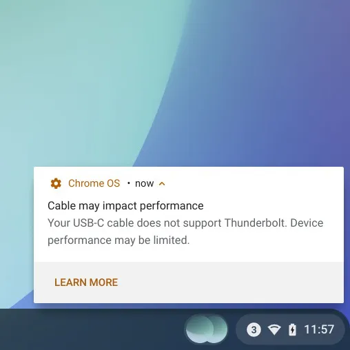 O Chrome OS passará a exibir alertas de problemas com cabos USB-C (Imagem: Reprodução/Google)