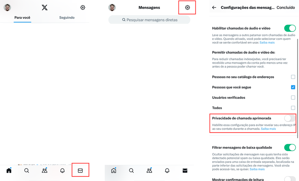 Como ativar a privacidade de chamada no X (Imagem: Captura de tela/Bruno De Blasi/Canaltech)