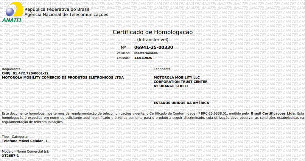 certificado de homologação anatel motorola razr 70