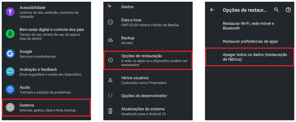 No Android, restaure o sistema para o padrão de fábrica para remover atualizações de software (Captura de tela: Matheus Bigogno)