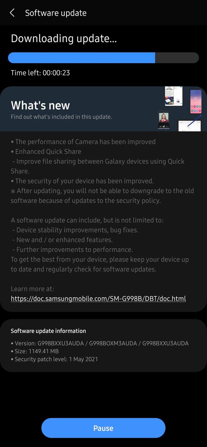 Atualização de maio inclui melhorias em câmera e no recurso Quick Share (Imagem: Reprodução/SamMobile)