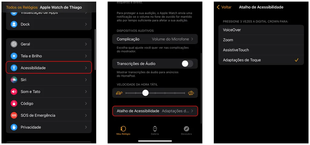 Escolha um atalho de acessibilidade do Apple Watch pelo iPhone (Imagem: Thiago Furquim)