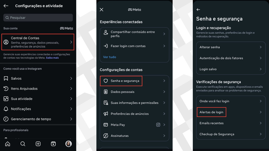 Captura de tela com passos para ativar o alerta de login no Instagram