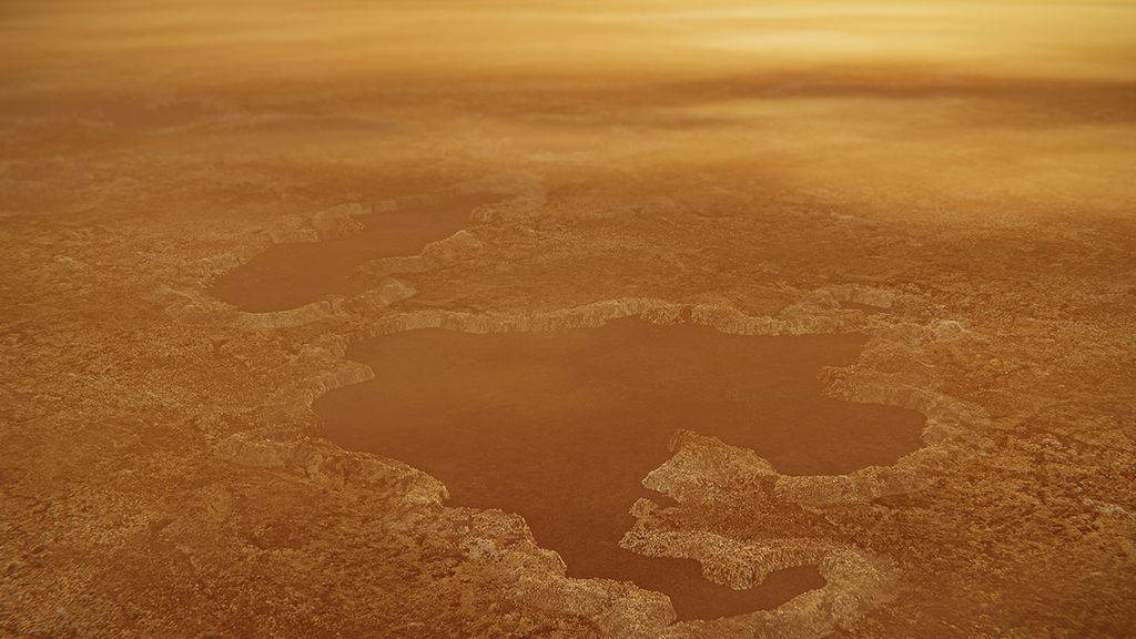 Conceito artístico dos lagos de metano em Titã (Imagem: NASA/JPL-Caltech)