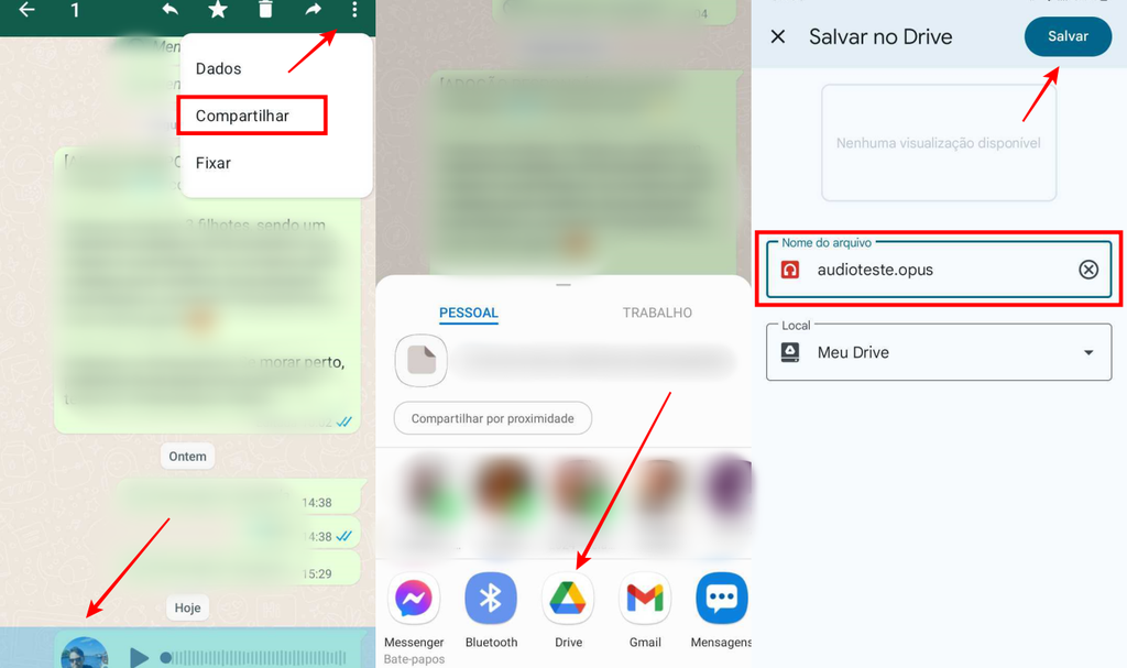 É necessário salvar o áudio no Google Drive no WhatsApp para Android (Imagem: Captura de tela/Fabrício Calixto/Canaltech)