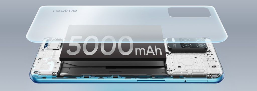 O REalme Q3i 5G mantém a bateria de 5.000 mAh, mas oferece carregamento de apenas 18 W (Imagem: Divulgação/Realme)