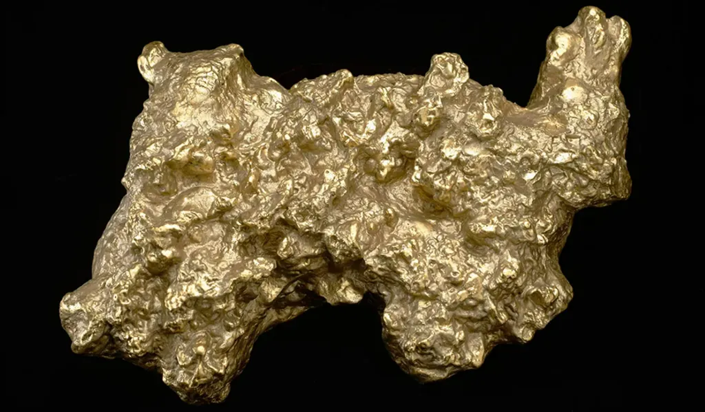 Réplica da Welcome Stranger, a maior pepita de ouro já descoberta, exposta em museu na Austrália (Imagem: Museums Victoria/CC BY 4.0)