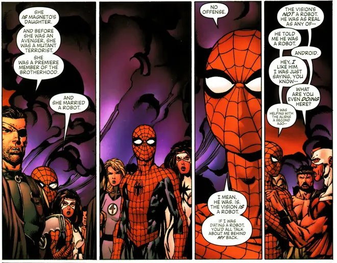 Cena de Avengers nº 503 com a gafe do Homem-Aranha sobre