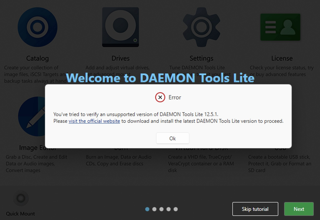 Mensagem exibida a usuários que abram o Daemon Tools Lite 12.5.1 (Imagem: Disc Soft Limited/Divulgação)