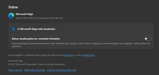 O Microsoft Edge 108 já pode ser atualizado ou baixado (Imagem: Captura de tela/Alveni Lisboa/Canaltech)
