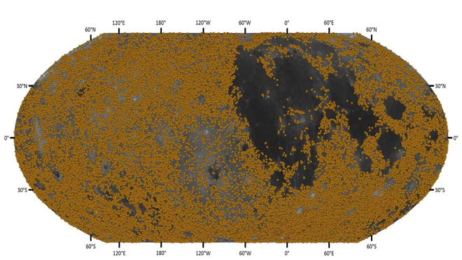 Os pontos amarelos representam apenas as crateras descobertas que se formaram no período Nectário, há cerca de 3,85 bilhões de anos (Imagem: Reprodução/Chen Yang)