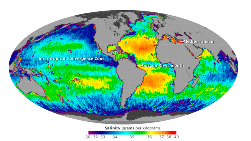 Salinidade superficial do oceano global (Imagem: Reprodução/NASA)