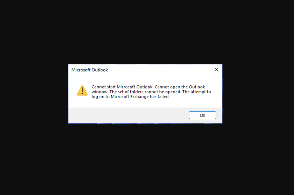 A mensagem de erro exibida pelo Outlook quando o bug acontece no computador do usuário (Imagem: Microsoft)