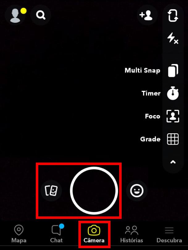 Abra o app do Snapchat no seu celular, acesse a aba câmera e tire uma foto ou grave um vídeo (Captura de tela: Matheus Bigogno)