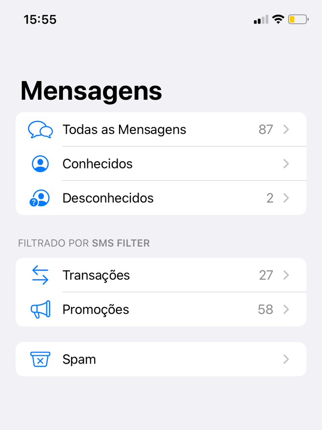 O Filtro de SMS deixa a caixa do iMessage mais organizada - Captura de tela: Thiago Furquim (Canaltech)