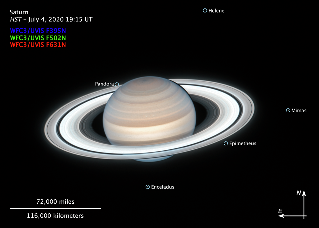 Além de uma bela visão de Saturno, o Hubble registrou também algumas de suas luas (Imagem: NASA, ESA, A. Simon, M.H. Wong, OPAL Team)