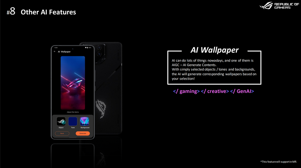 A linha ROG Phone 8 também contará com função de geração de papéis de parede customizados com IA generativa (Imagem: Divulgação/ASUS)