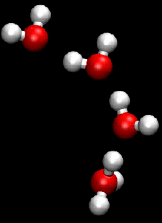 Representação do salto de prótons em moléculas de água (Imagem; Matt K. Petersen/Wikimedia Commons)
